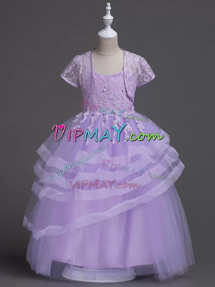 Lavender Sleeveless Appliques and Ruffled Layers Floor Length Flower Girl Dresses for Less