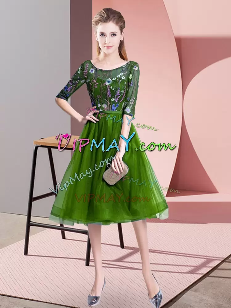 Green Scoop Neckline Embroidery Bridesmaid Gown Half Sleeves Lace Up