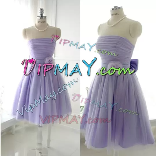 Hot Selling Lilac Vestidos de Damas Prom and Party and Wedding Party with Ruching and Bowknot and Belt and Hand Made Flower Strapless Sleeveless Lace Up