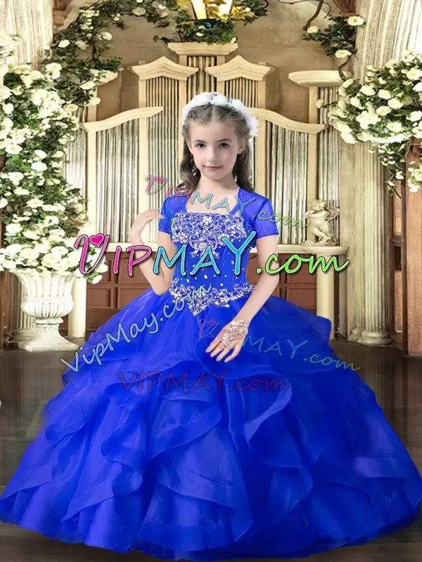 Sleeveless Straps Lace Up Floor Length Beading and Ruffles Little Girl Pageant Gowns Straps