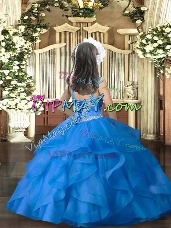 Sleeveless Straps Lace Up Floor Length Beading and Ruffles Little Girl Pageant Gowns Straps