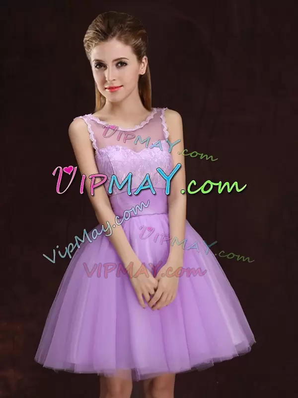 Pretty Lilac Scoop Neckline Lace and Ruching Bridesmaid Dress Sleeveless Lace Up