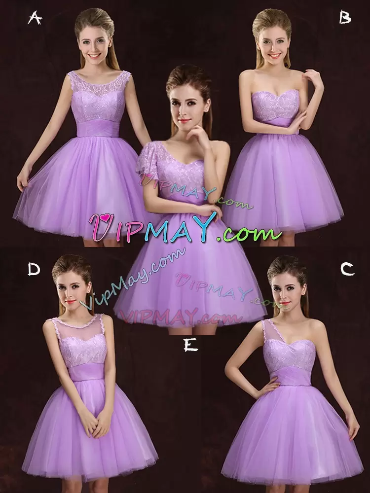 Pretty Lilac Scoop Neckline Lace and Ruching Bridesmaid Dress Sleeveless Lace Up