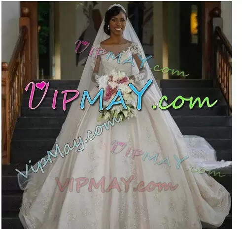 High End Cathedral Train Ball Gowns Wedding Dresses White V-neck Taffeta Long Sleeves With Train Zipper