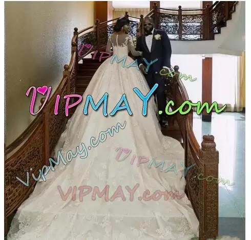 High End Cathedral Train Ball Gowns Wedding Dresses White V-neck Taffeta Long Sleeves With Train Zipper