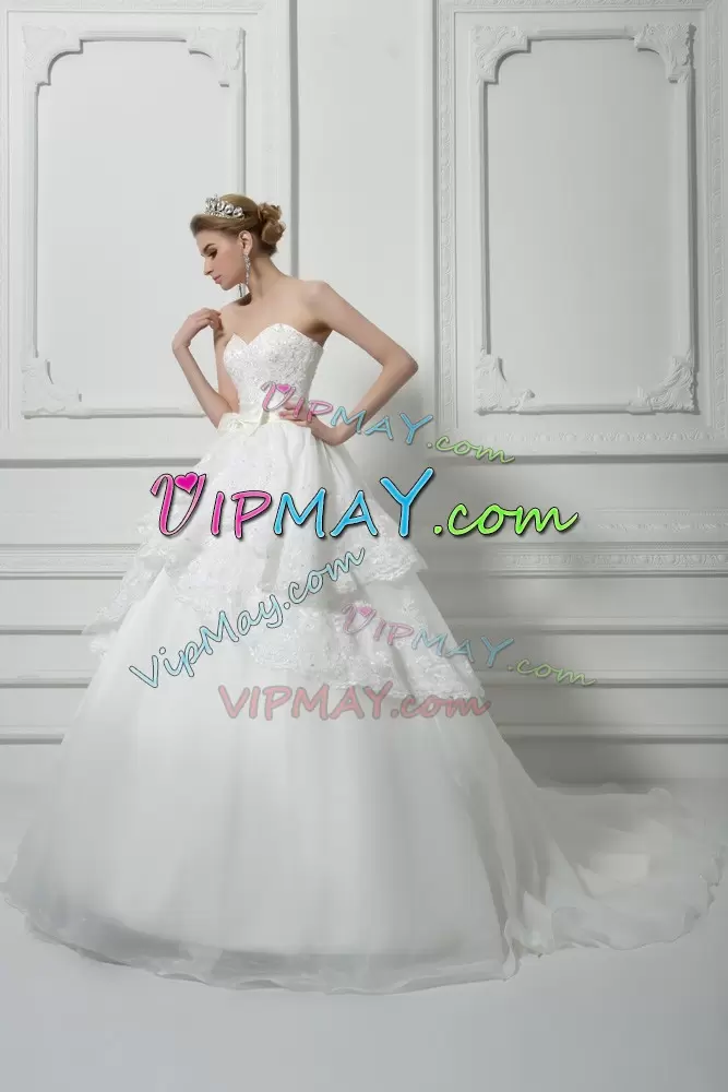 White Sleeveless Brush Train Beading and Lace and Bowknot Wedding Dresses