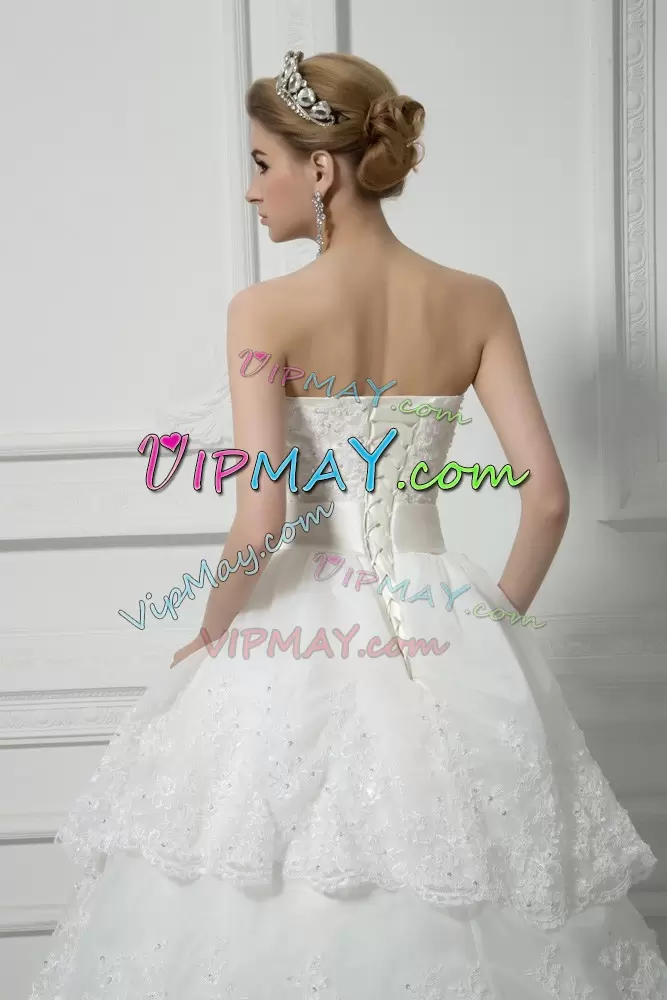 White Sleeveless Brush Train Beading and Lace and Bowknot Wedding Dresses