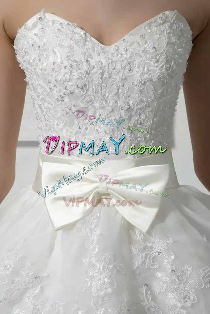 White Sleeveless Brush Train Beading and Lace and Bowknot Wedding Dresses