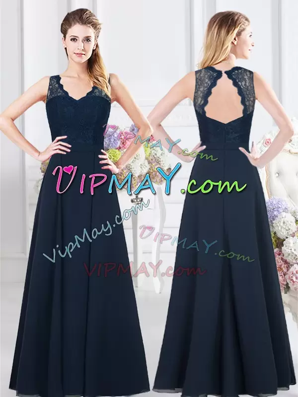 Customized Navy Blue Sleeveless Floor Length Lace and Ruching Backless Wedding Party Dress V-neck