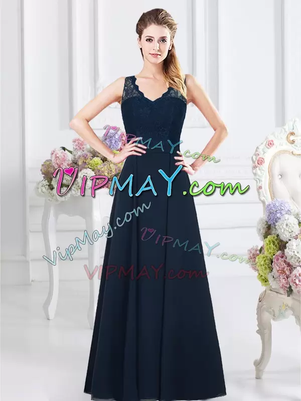 Customized Navy Blue Sleeveless Floor Length Lace and Ruching Backless Wedding Party Dress V-neck