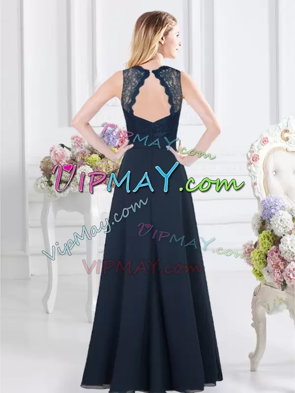 Customized Navy Blue Sleeveless Floor Length Lace and Ruching Backless Wedding Party Dress V-neck