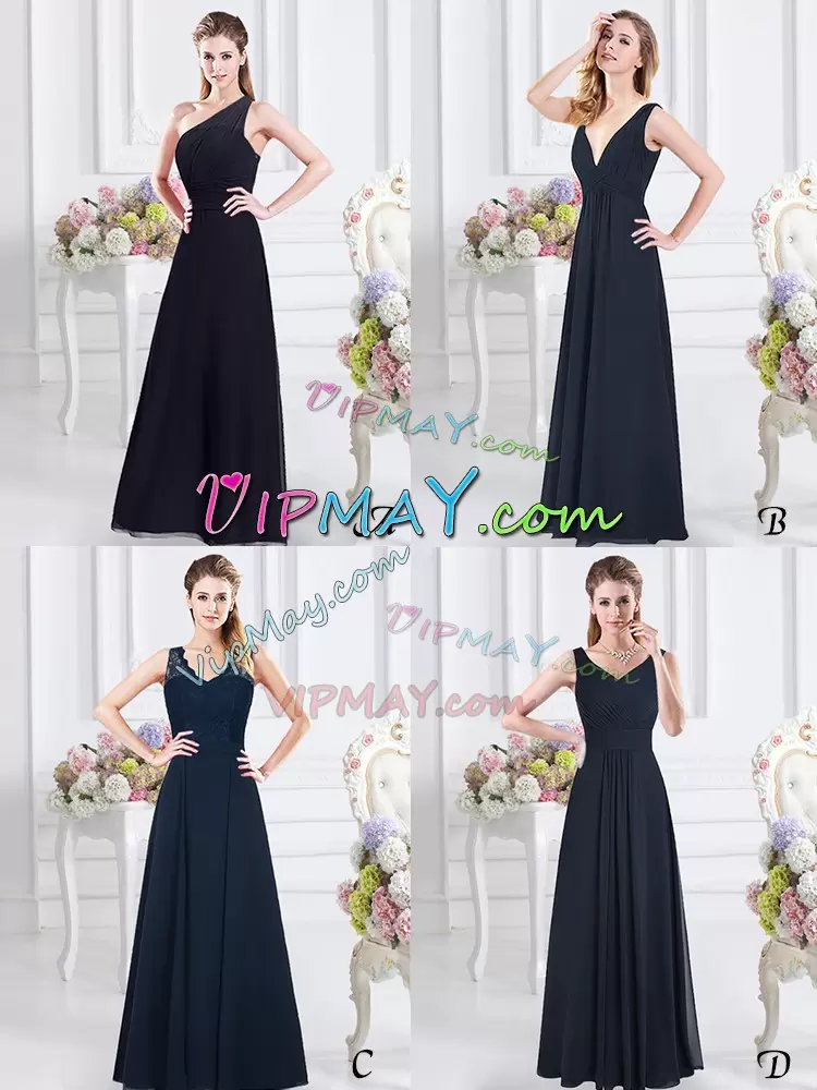 Customized Navy Blue Sleeveless Floor Length Lace and Ruching Backless Wedding Party Dress V-neck