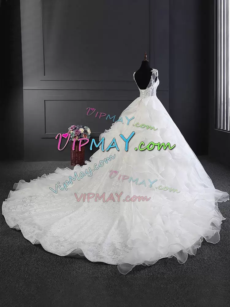 Organza Cap Sleeves Wedding Gowns Cathedral Train and Lace