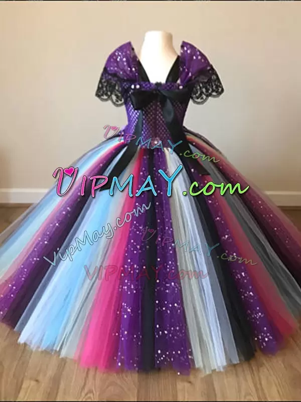 Pretty Square Short Sleeves Zipper Child Pageant Dress Multi-color Tulle Sequins and Pattern