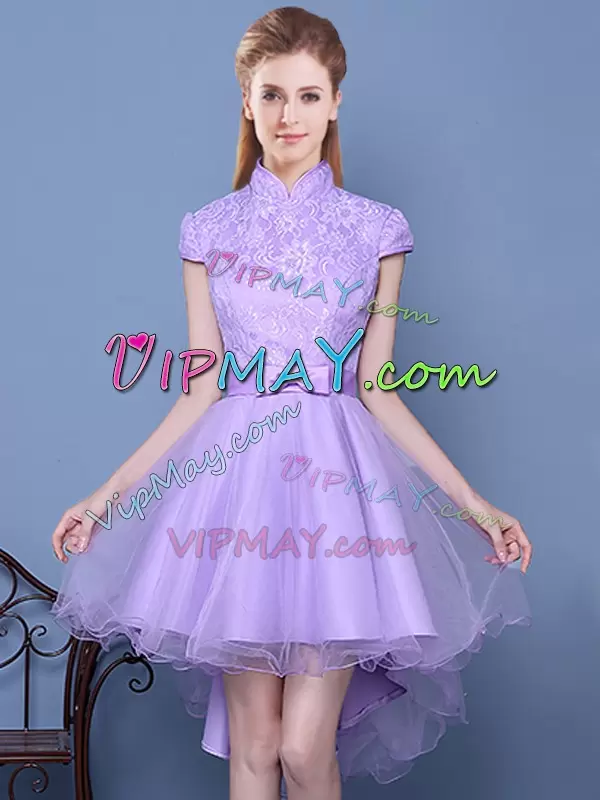 High End A-line Bridesmaid Dress Lavender High-neck Tulle Short Sleeves High Low Zipper