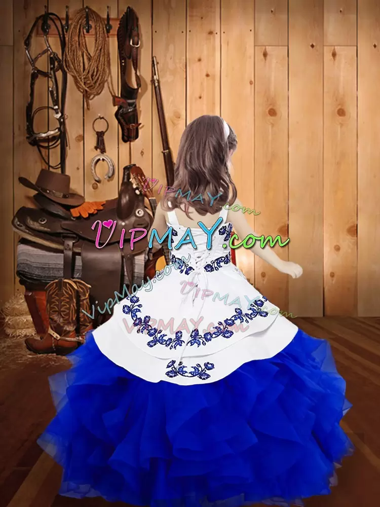 Blue Lace Up Straps Embroidery and Ruffles Little Girls Pageant Dress Organza Sleeveless