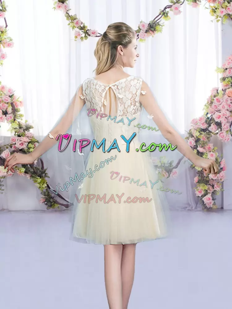 Extravagant Champagne Tulle Lace Up Scoop Sleeveless Mini Length Bridesmaid Dress Lace and Bowknot