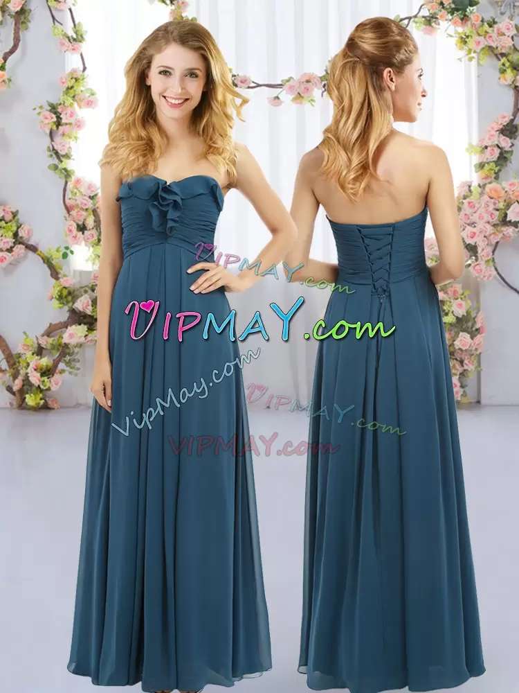 Chic Navy Blue Chiffon Lace Up Bridesmaid Gown Sleeveless Floor Length Ruffles