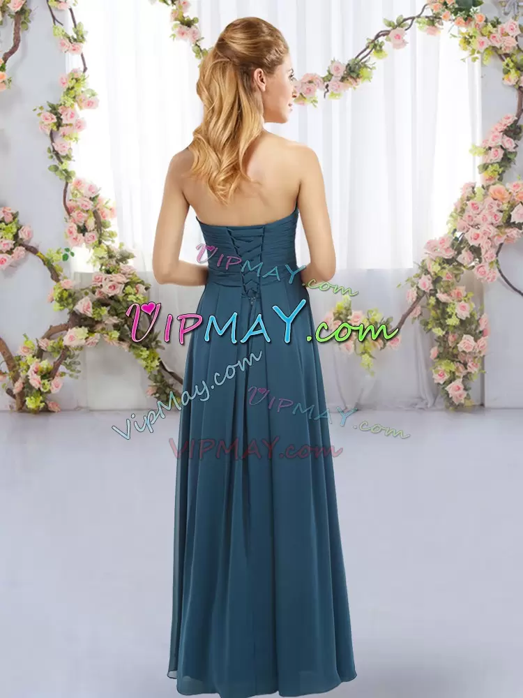 Chic Navy Blue Chiffon Lace Up Bridesmaid Gown Sleeveless Floor Length Ruffles