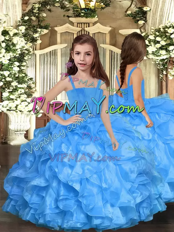 Floor Length Blue Winning Pageant Gowns Organza Sleeveless Ruffles