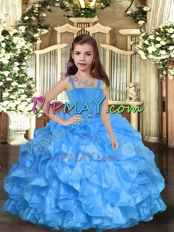 Floor Length Blue Winning Pageant Gowns Organza Sleeveless Ruffles