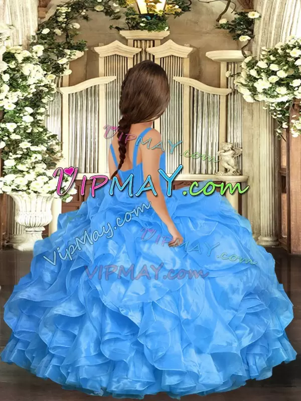 Floor Length Blue Winning Pageant Gowns Organza Sleeveless Ruffles