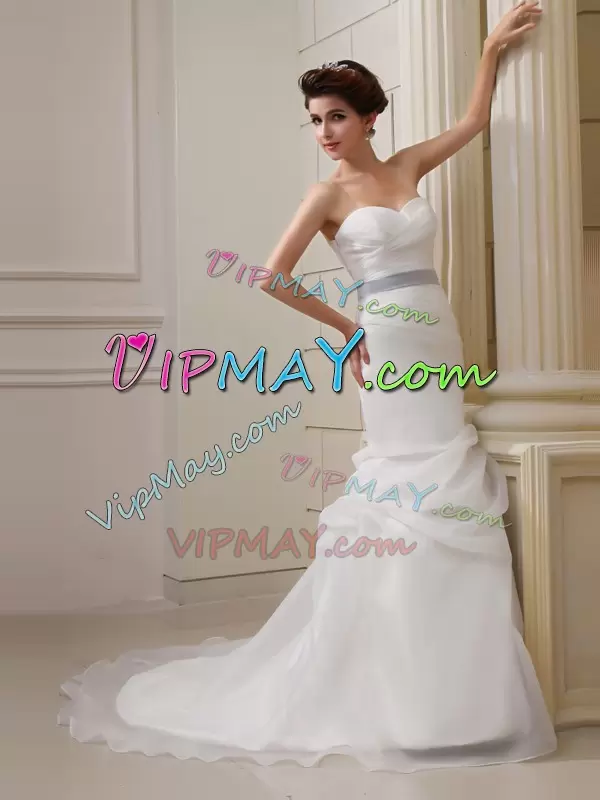 Organza Sleeveless With Train Wedding Gown Brush Train and Pick Ups