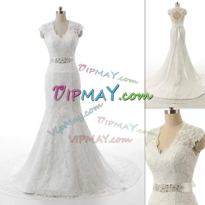 Beading and Lace and Appliques Wedding Gown White Zipper Sleeveless With Brush Train