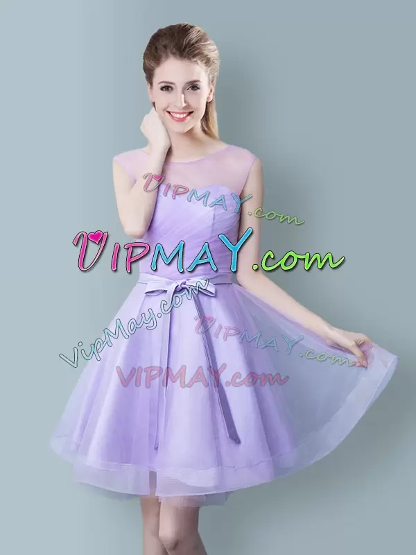 Lavender Tulle Zipper Scoop Sleeveless Knee Length Wedding Party Dress Ruching and Bowknot