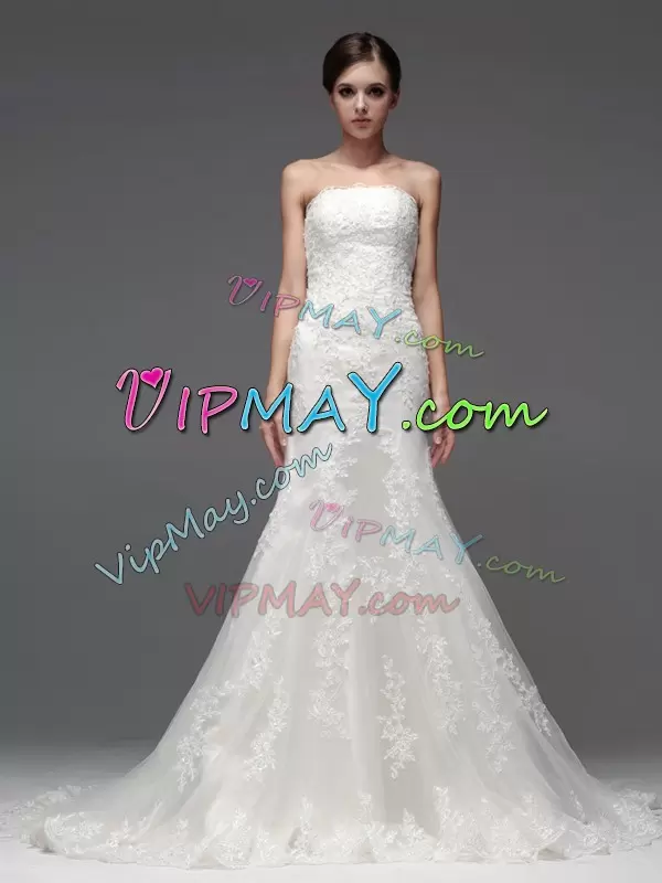 Fabulous Sleeveless Strapless Brush Train Lace Up With Train Lace Bridal Gown Strapless