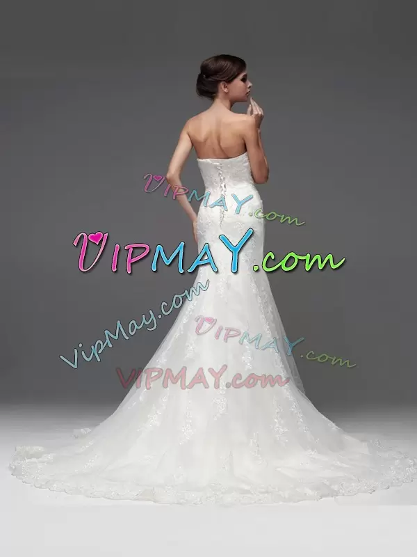 Fabulous Sleeveless Strapless Brush Train Lace Up With Train Lace Bridal Gown Strapless