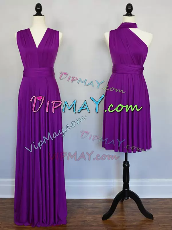 Purple Sleeveless Floor Length Beading and Ruching Lace Up Wedding Guest Dresses Halter Top