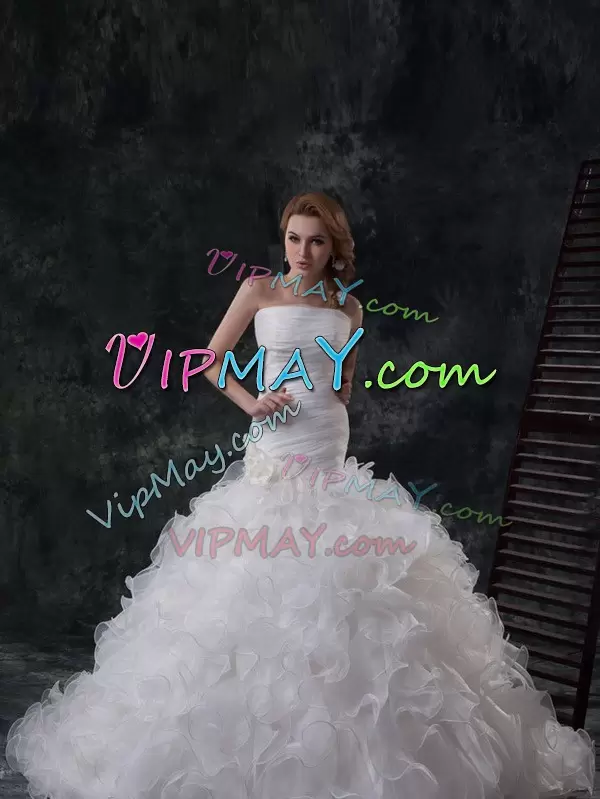 Custom Made White Sleeveless Brush Train Ruffles and Ruching Wedding Dress