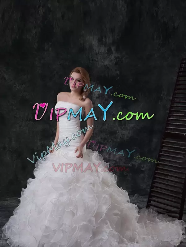 Custom Made White Sleeveless Brush Train Ruffles and Ruching Wedding Dress