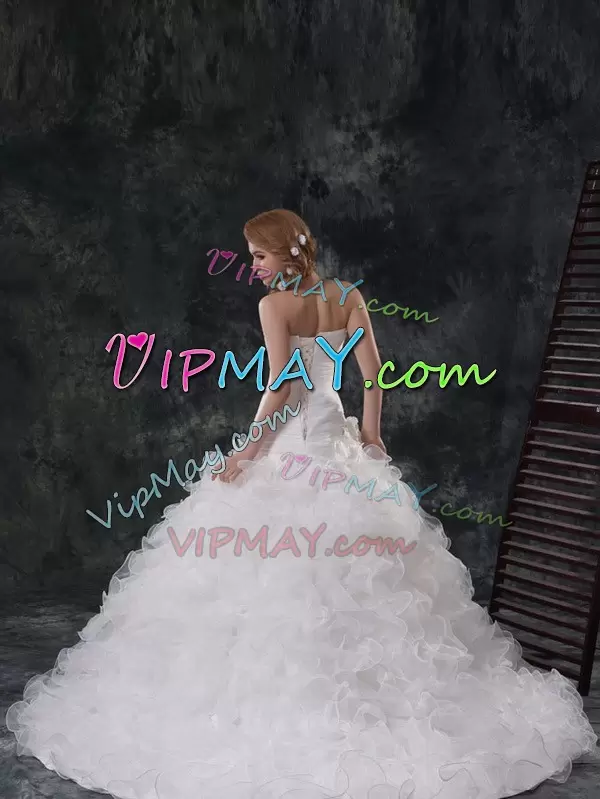 Custom Made White Sleeveless Brush Train Ruffles and Ruching Wedding Dress