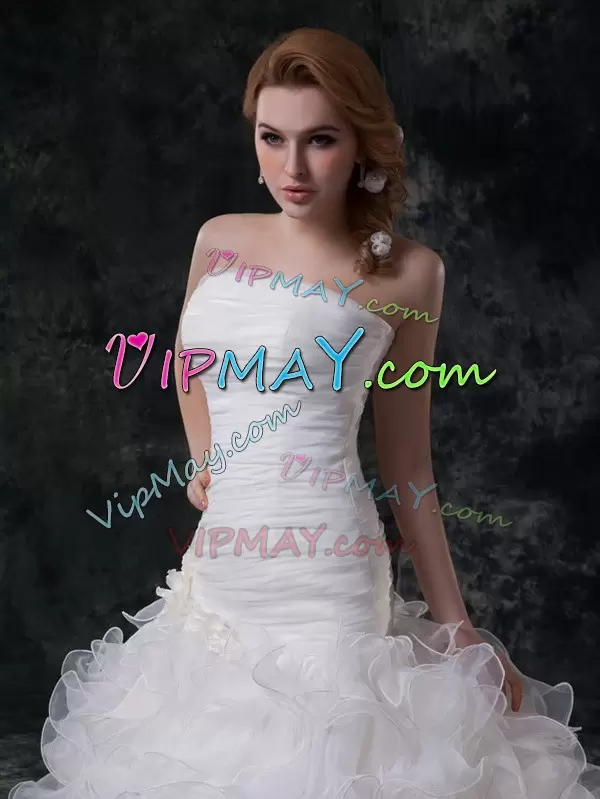 Custom Made White Sleeveless Brush Train Ruffles and Ruching Wedding Dress