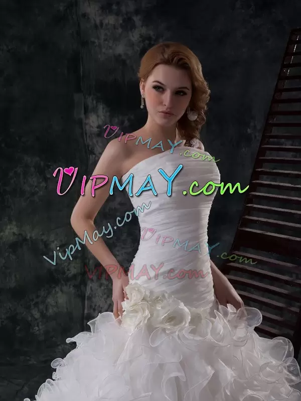 Custom Made White Sleeveless Brush Train Ruffles and Ruching Wedding Dress