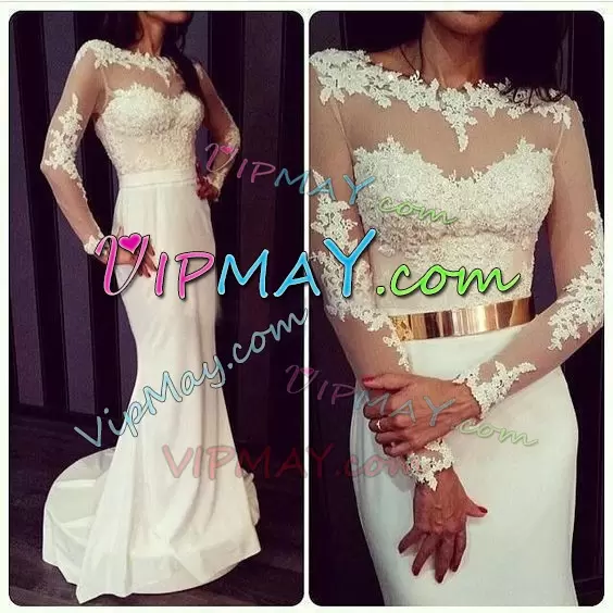 New Arrival Floor Length Mermaid Long Sleeves White Wedding Dress Brush Train Lace Up