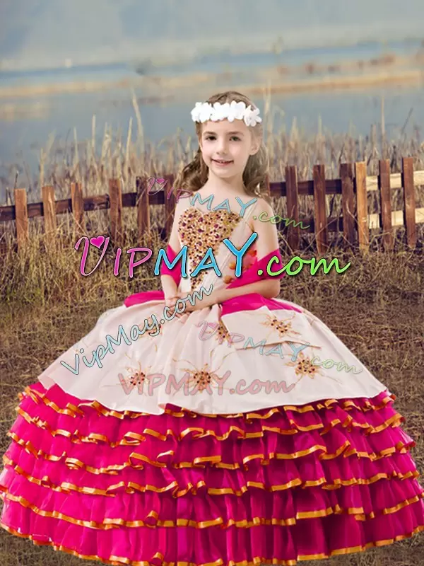 Admirable Sleeveless Straps Lace Up Floor Length Beading and Embroidery and Ruffled Layers Kids Pageant Dress Straps