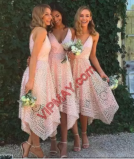 Unique Pink Sleeveless Lace Tea Length Wedding Party Dress