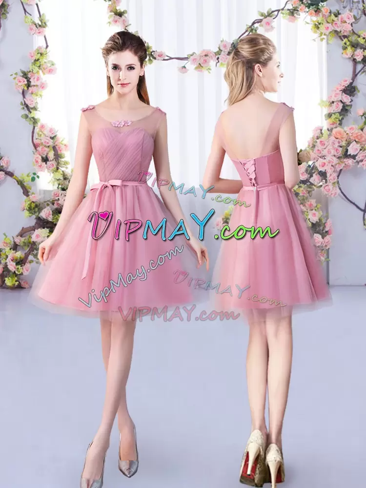 Pink A-line Tulle Scoop Sleeveless Appliques and Belt Mini Length Lace Up Dama Dress