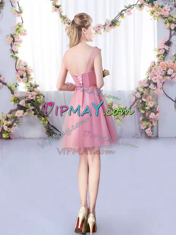 Pink A-line Tulle Scoop Sleeveless Appliques and Belt Mini Length Lace Up Dama Dress