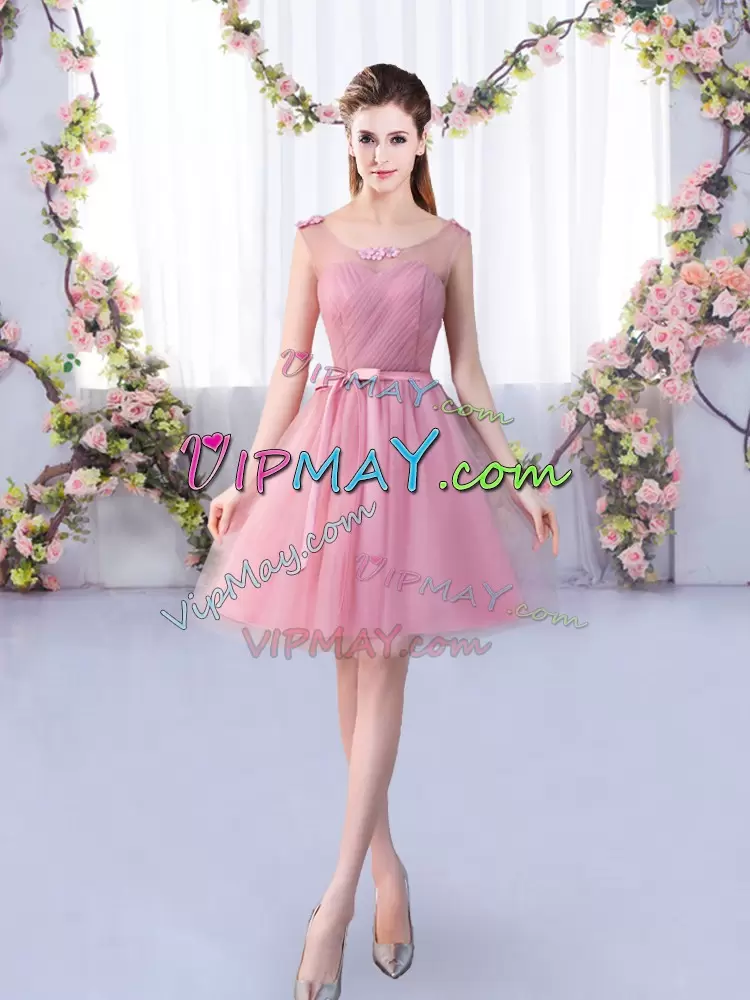 Pink A-line Tulle Scoop Sleeveless Appliques and Belt Mini Length Lace Up Dama Dress