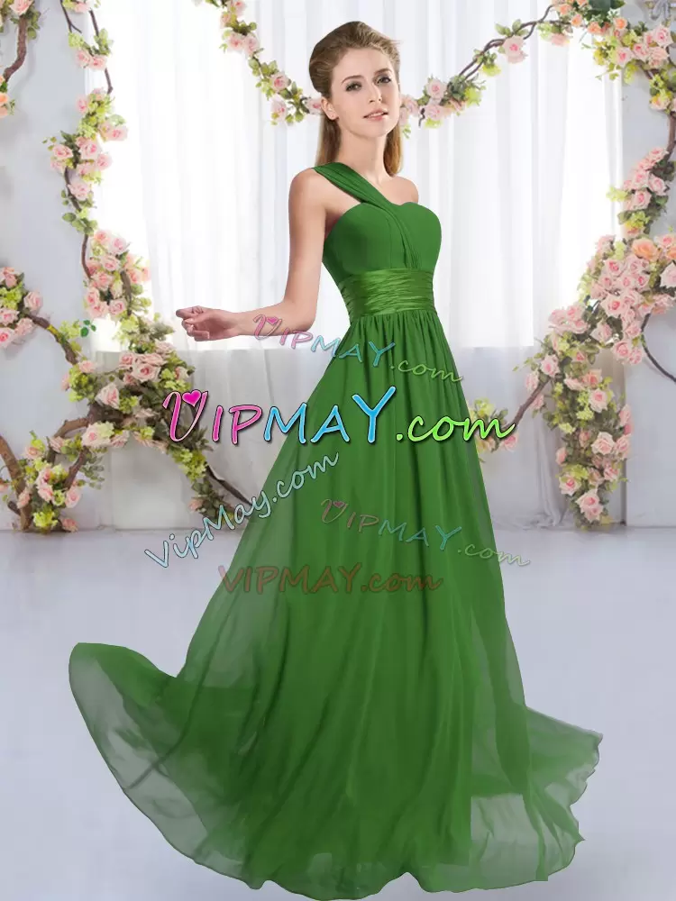 Cute Green Bridesmaid Gown Wedding Party with Ruching One Shoulder Sleeveless Lace Up