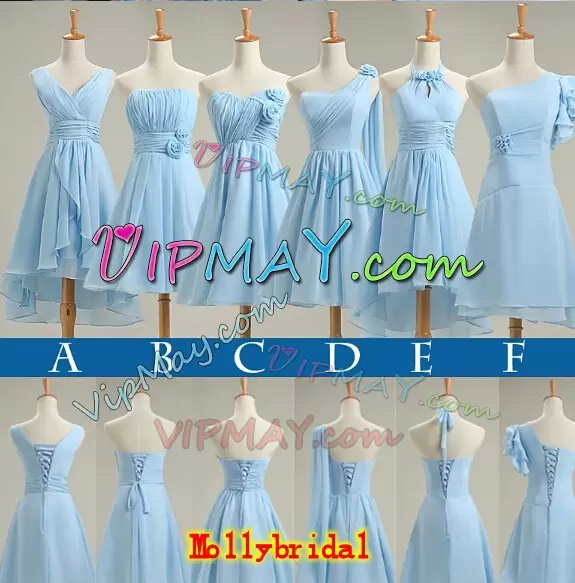 Hot Sale Baby Blue V-neck Lace Up Ruching Wedding Guest Dresses Sleeveless