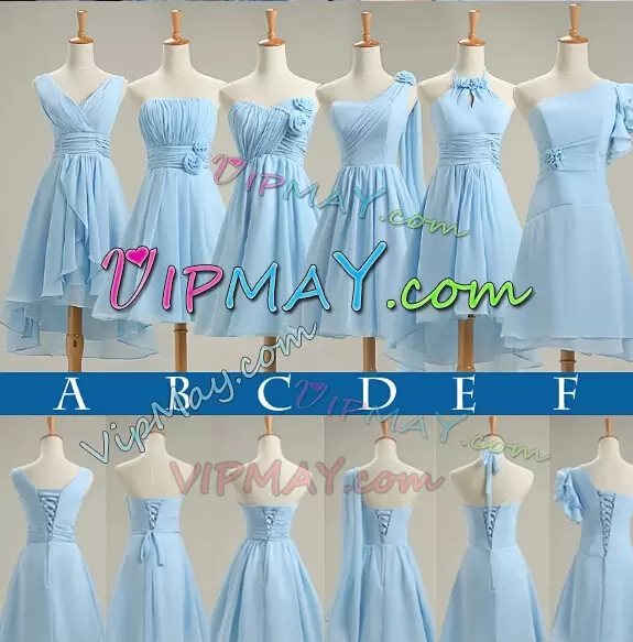 Hot Sale Baby Blue V-neck Lace Up Ruching Wedding Guest Dresses Sleeveless