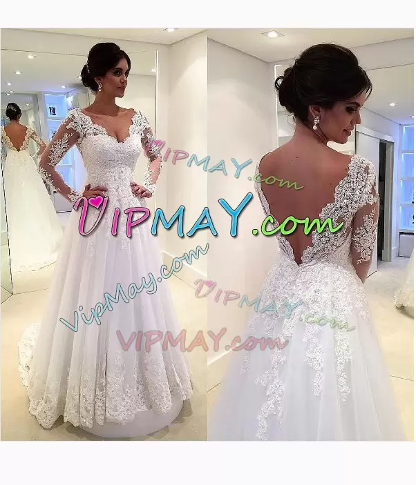 White V-neck Neckline Appliques Wedding Gowns Long Sleeves Backless