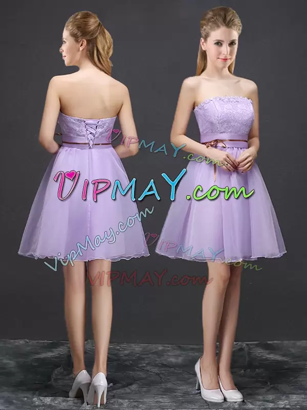 Affordable Mini Length Lavender Bridesmaid Dress Organza Sleeveless Lace and Belt