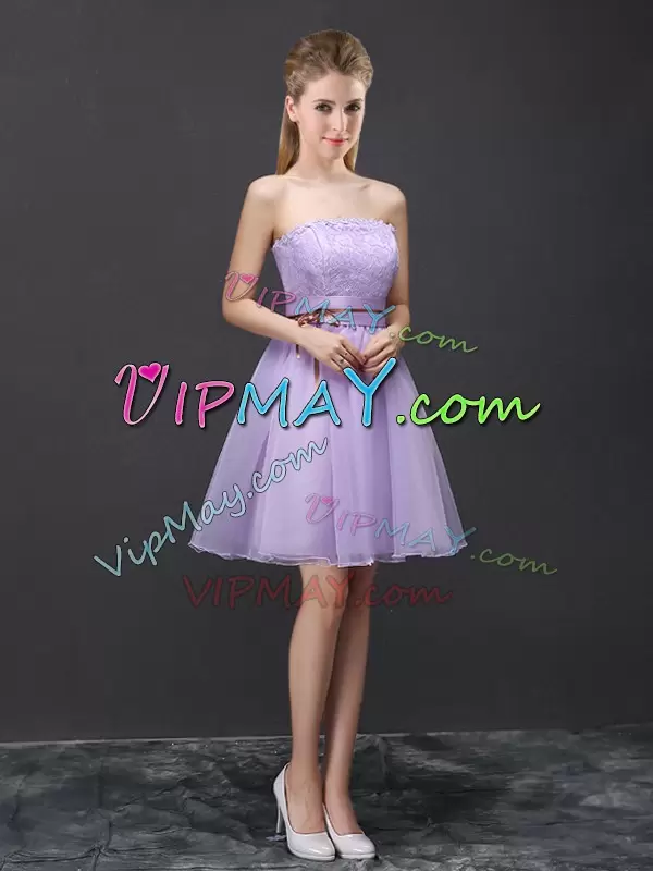 Affordable Mini Length Lavender Bridesmaid Dress Organza Sleeveless Lace and Belt