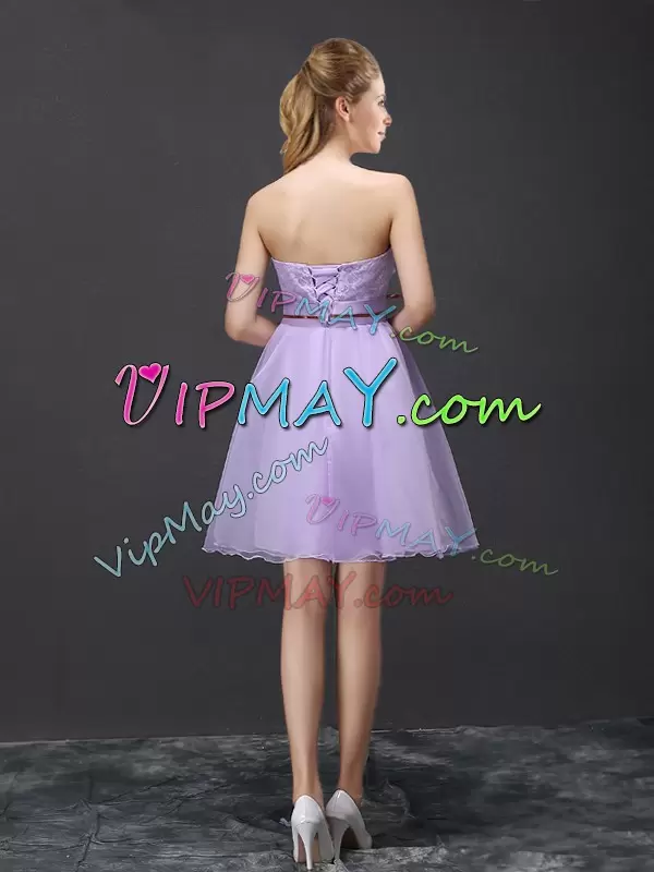 Affordable Mini Length Lavender Bridesmaid Dress Organza Sleeveless Lace and Belt